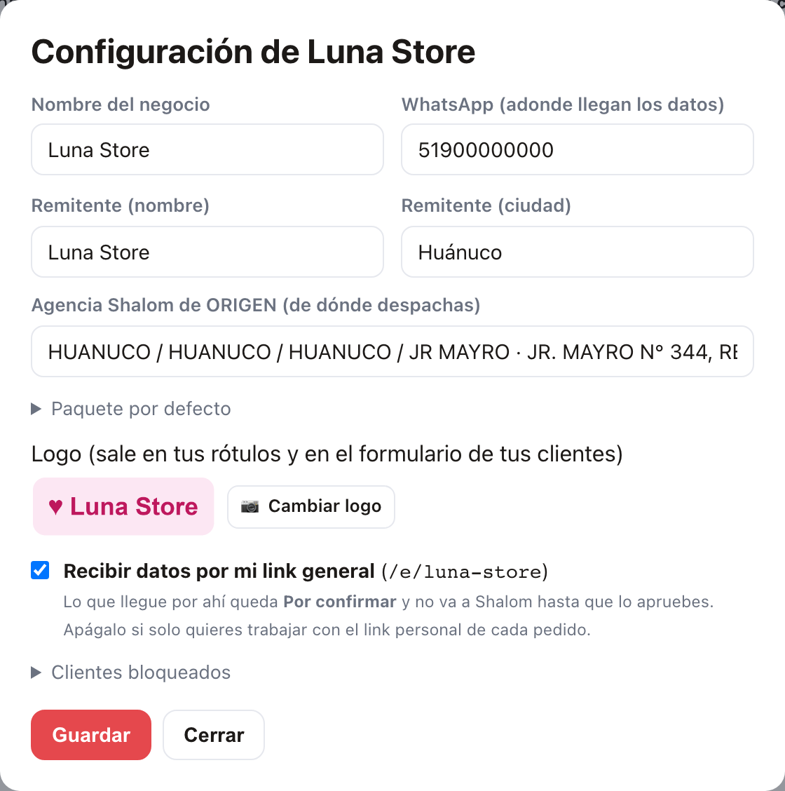 Configuración del negocio