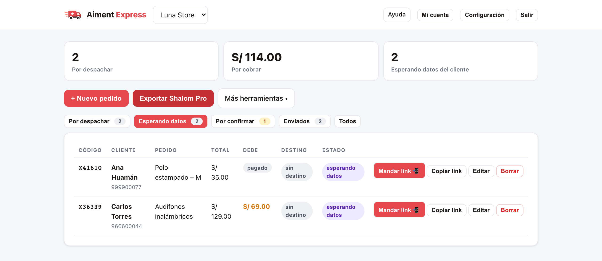 Pedidos esperando datos